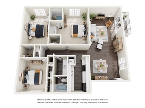 Floor plan for 3 beds, 2 baths, 1350 sqft
